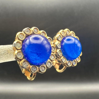 Christian Dior Gold Tone Metal Blue Stone Clip On Earrings 1.5 x 1.5cm