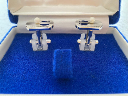 MIKIMOTO Pearl Island Silver Tone Cufflinks with Pearl Vintage Japan Authentic
