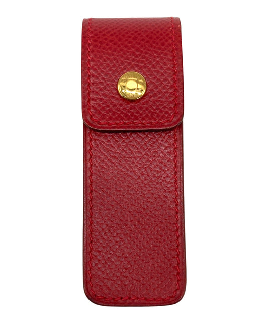 HERMES Serie Button Leather Case Pen Lighter Holder Red Calfskin Gold HW France