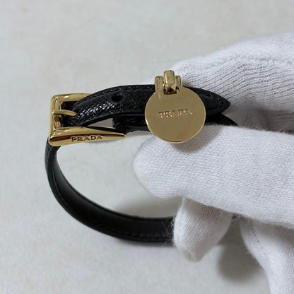 Prada Saffiano Black Leather Gold Hardware Bracelet Bangle Size M