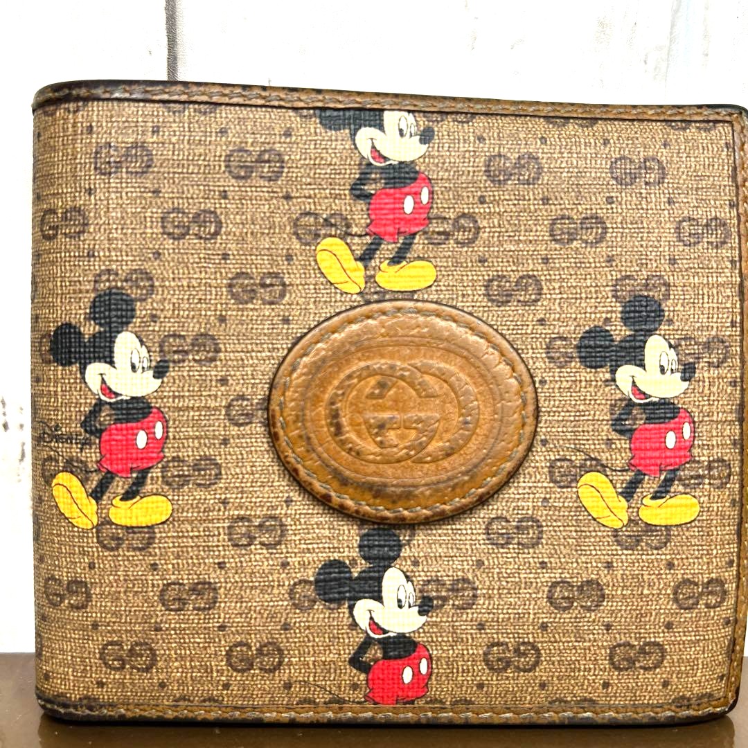 GUCCI x Disney Mickey Mouse GG Supreme Bifold Wallet Brown Leather 602549 Used