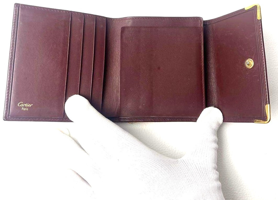 Cartier Must de Cartier Trifold Coin Wallet Bordeaux Leather Gold HW Authentic