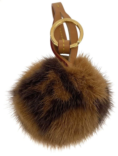 Louis Vuitton M00543 Fur Pompom Bag Charm Key Ring Camel Brown Authentic 2.8in