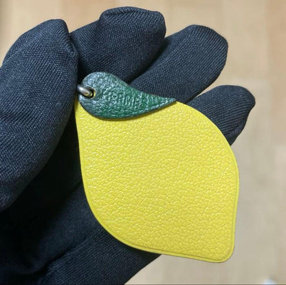 HERMES Lemon Fruit Bag Charm Keychain Yellow Green Leather Silver HW Vintage