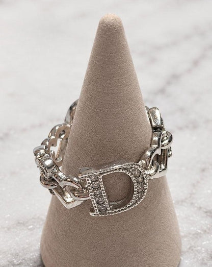 Christian Dior Silver Tone Metal Rhinestone Chain Ring Size 52 US 6