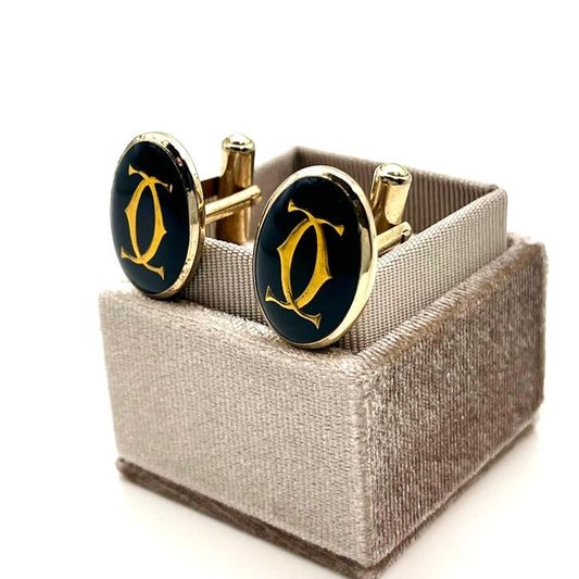 Cartier Cufflinks Double C Logo 2C Gold Tone Oval Black Enamel Men Accessory VTG