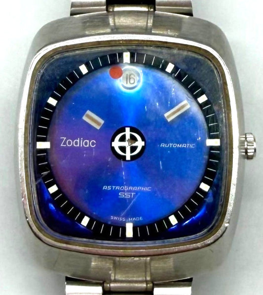 Zodiac Astrographic SST Automatic Watch Blue Dial Square Case Vintage Swiss Made
