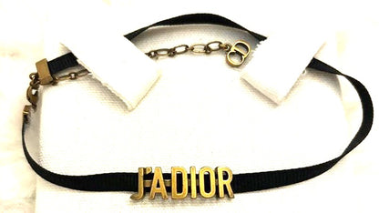 Christian Dior J'ADIOR Choker Necklace Black Ribbon Antique Gold Logo Authentic