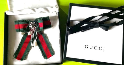 GUCCI Web Ribbon Bow Brooch Pin Green Red Stripe Silver Crystal Pearl Authentic