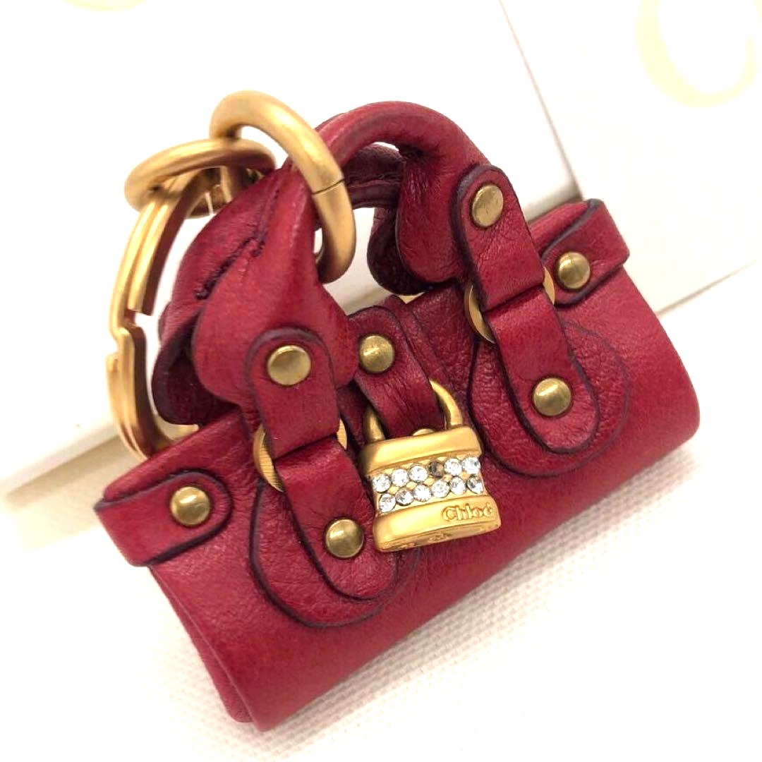 Chloe Paddington Bag Charm Key Ring Red Leather Gold HW Crystal Lock 2.2x2.2in