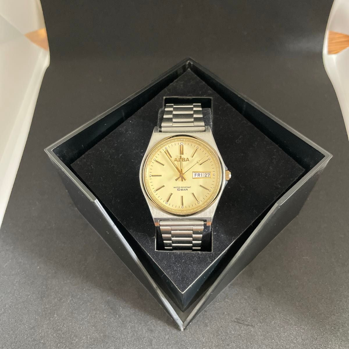 ALBA by Seiko 7N43-K001 Quartz Day Date Mens Watch Gold Dial Steel Bracelet
