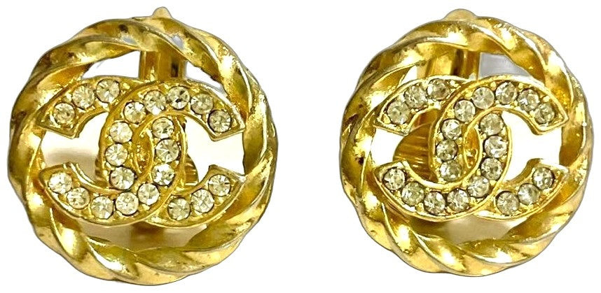 CHANEL CC Logo Rhinestone Twist Rope Clip-On Earrings Gold Vintage France 1.8cm