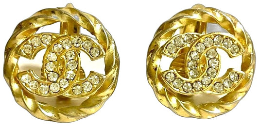 CHANEL CC Logo Rhinestone Twist Rope Clip-On Earrings Gold Vintage France 1.8cm