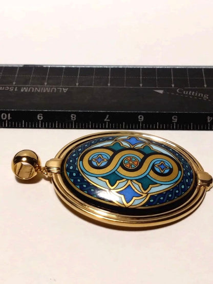 MICHAELA FREY WIEN Vintage Enamel Pendant Top Gold Tone Oval 4.2cm Austria