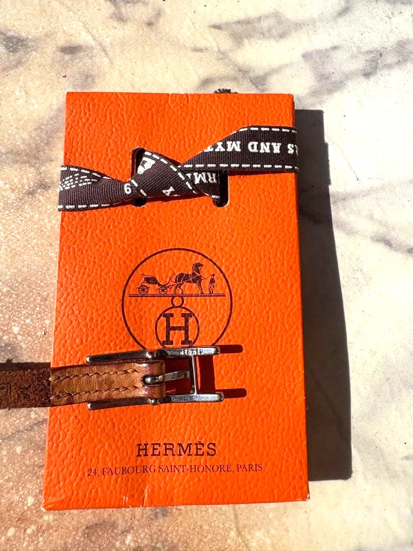 Hermes Api 3 Long Wrap Bracelet Choker Brown Leather Silver H Buckle 28.7in Used