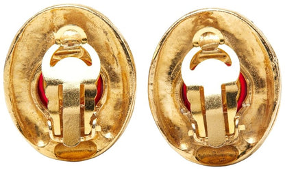 CHANEL CC Logo Gripoix Clip-on Earrings Gold Red Glass Rhinestone 27mm Authentic