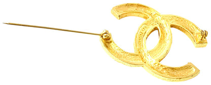 CHANEL CC Logo Brooch Pin Gold Tone Double Row Rhinestone Crystal Vintage Auth