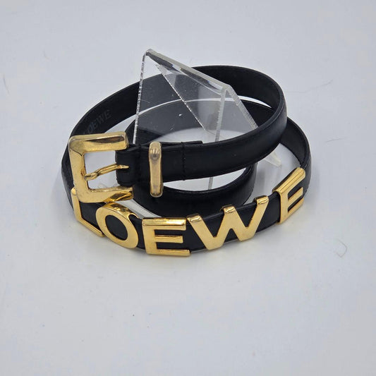 Vintage Loewe Black Leather Gold Hardware Logo Belt Size 65 L 77cm 30in