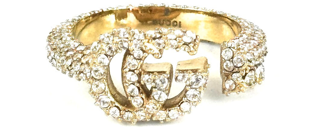 GUCCI GG Marmont Ring Rhinestone Pave Gold Tone Open Band Size US7 EUR53 Used