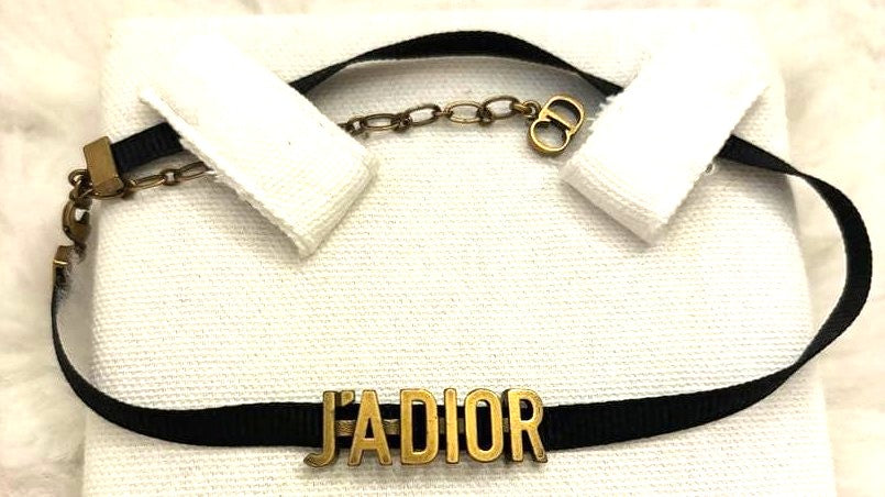 Christian Dior J'ADIOR Choker Necklace Black Ribbon Antique Gold Logo Authentic