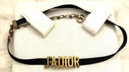 Christian Dior J'ADIOR Choker Necklace Black Ribbon Antique Gold Logo Authentic