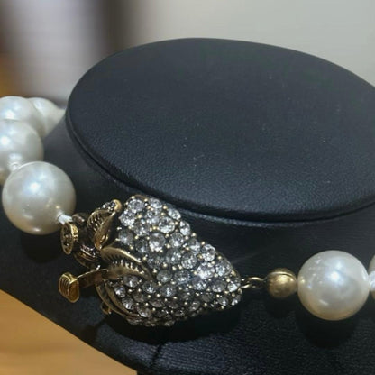 GUCCI GG Logo Crystal Rhinestone Faux Pearl Necklace Cream Graduated 50cm Auth