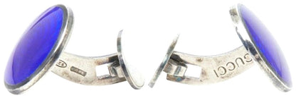 Gucci Silver 925 Blue Enamel Round Cufflinks 0.6in Men Authentic Italy
