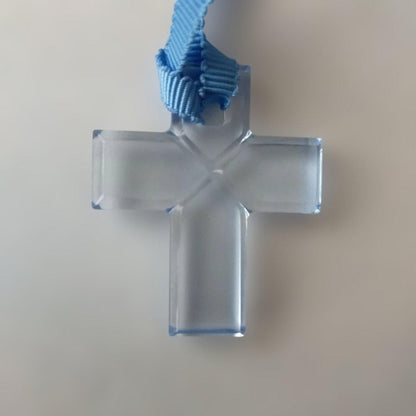 Baccarat Crystal Cross Pendant Necklace Clear Blue Ribbon Cord Charm Jewelry