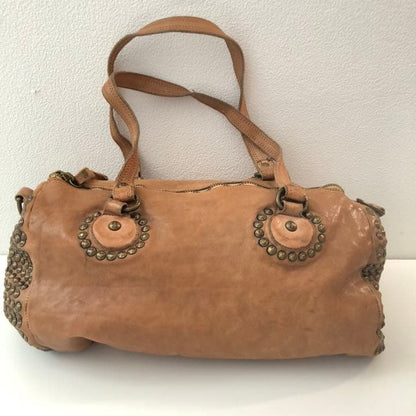 CAMPOMAGGI Studded Leather Boston Bag Camel Tan Italy 2way Vintage Distressed