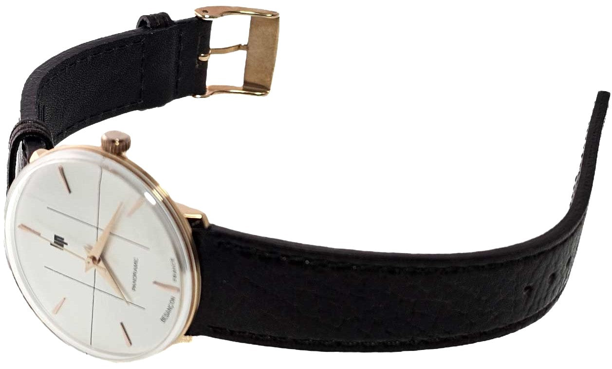 LIP Panoramic 34 Quartz Watch Silver White Dial Rose Gold Case Brown Leather