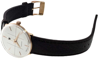 LIP Panoramic 34 Quartz Watch Silver White Dial Rose Gold Case Brown Leather