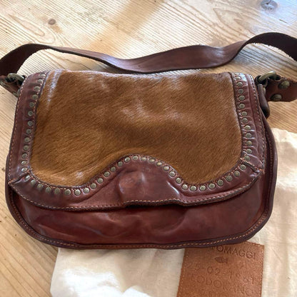 CAMPOMAGGI Leather Shoulder Bag Brown Calf Hair Studded Italy Crossbody Vintage