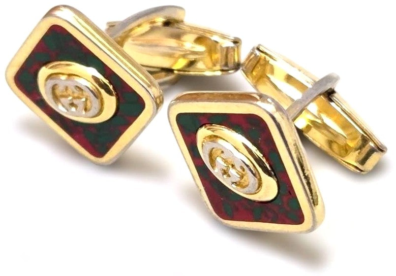 GUCCI GG Logo Cufflinks Red Green Cloisonne Enamel Gold Tone Vintage Authentic