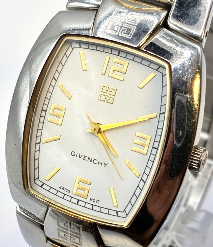 GIVENCHY Swiss Mvt Tonneau Wristwatch Silver Gold Two-Tone Stainless Steel Watch