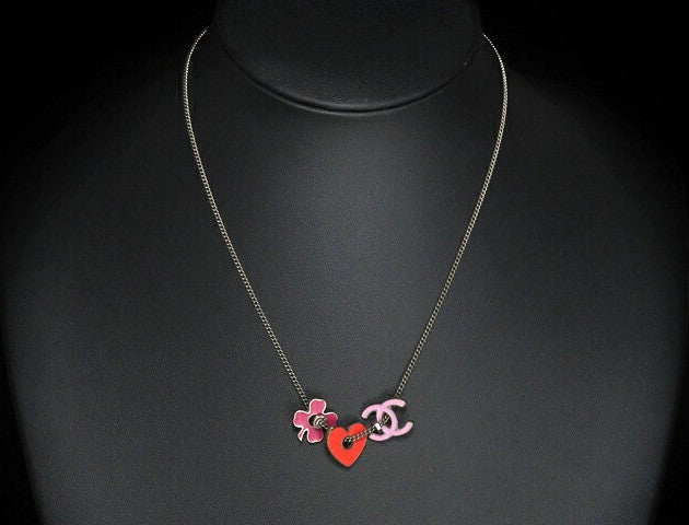 CHANEL CC Heart Clover Charm Necklace Pink Red Metal 04P Italy 44cm(17.3in)