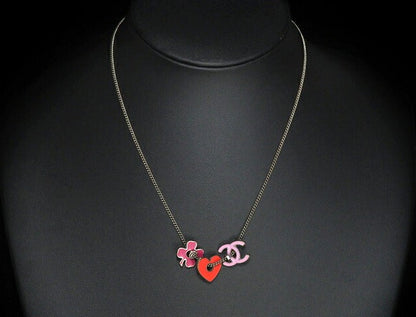 CHANEL CC Heart Clover Charm Necklace Pink Red Metal 04P Italy 44cm(17.3in)