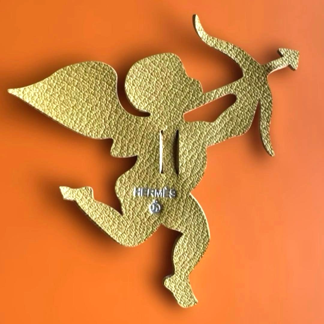 HERMES Cupid Charm Leather Cut-Out Motif Gold Color Angel Bow Arrow Accessory