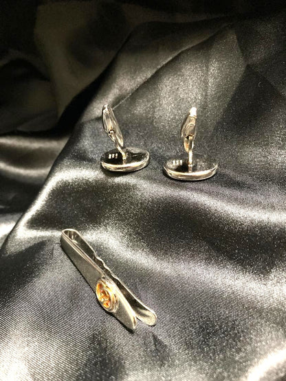 GUCCI Vintage Interlocking GG Sherry Line Cufflinks Tie Clip Set Silver Gold