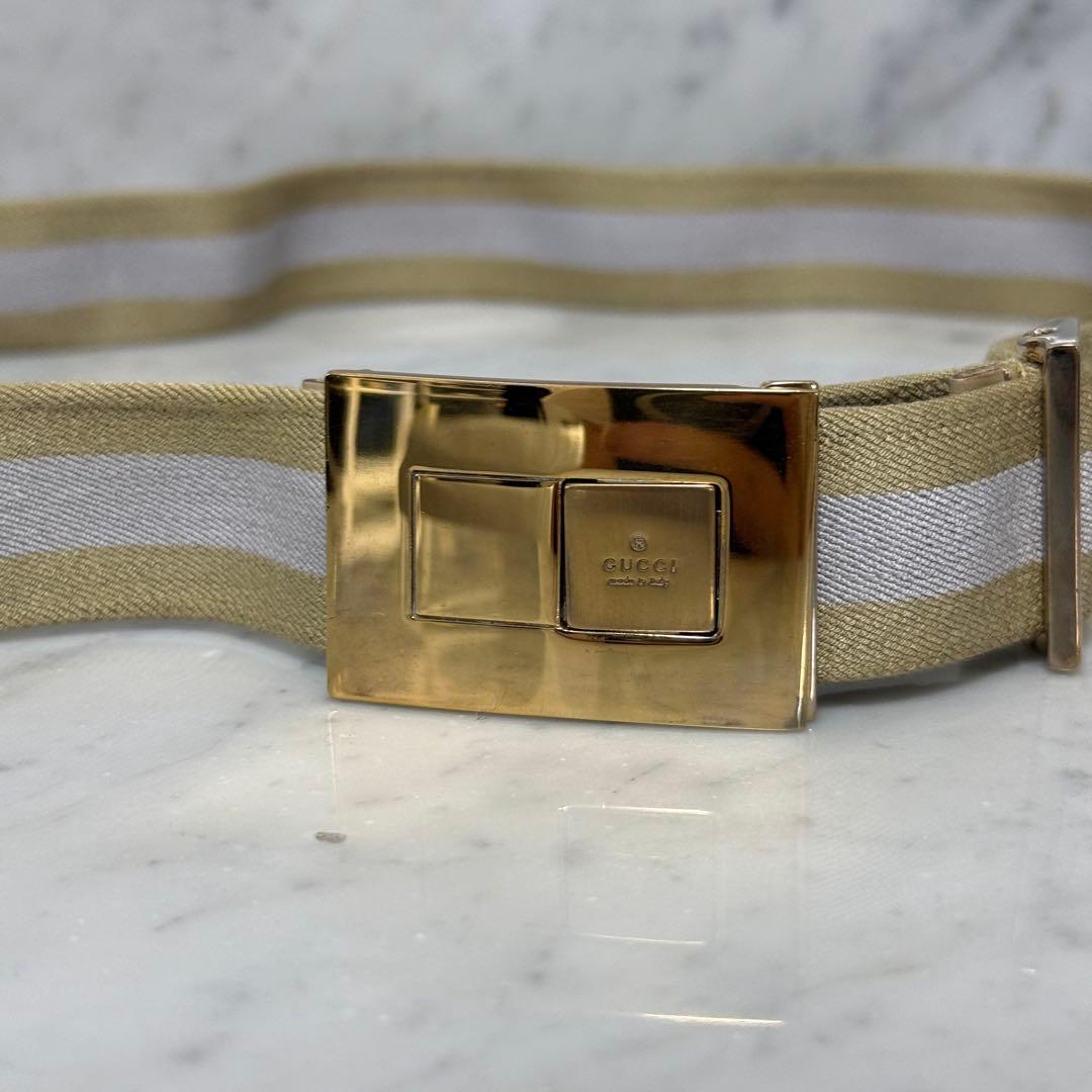 Gucci Gold Tone Buckle Elastic Belt Shelly Line Beige 90 cm 35.4" W 2.9 cm 1.1"