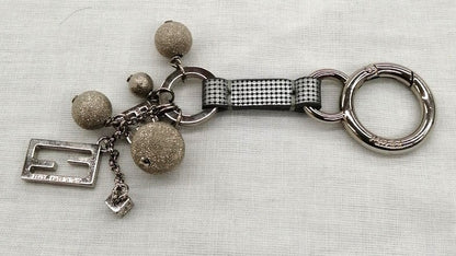FENDI Logo Bag Charm Key Ring Keychain Silver Tone Metal Ball Chain Made Italy