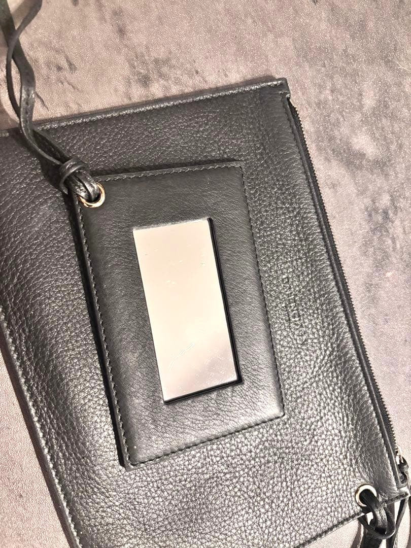 BALENCIAGA Flat Pouch Mirror Set Black Leather Logo Embossed Zip Clutch Bag
