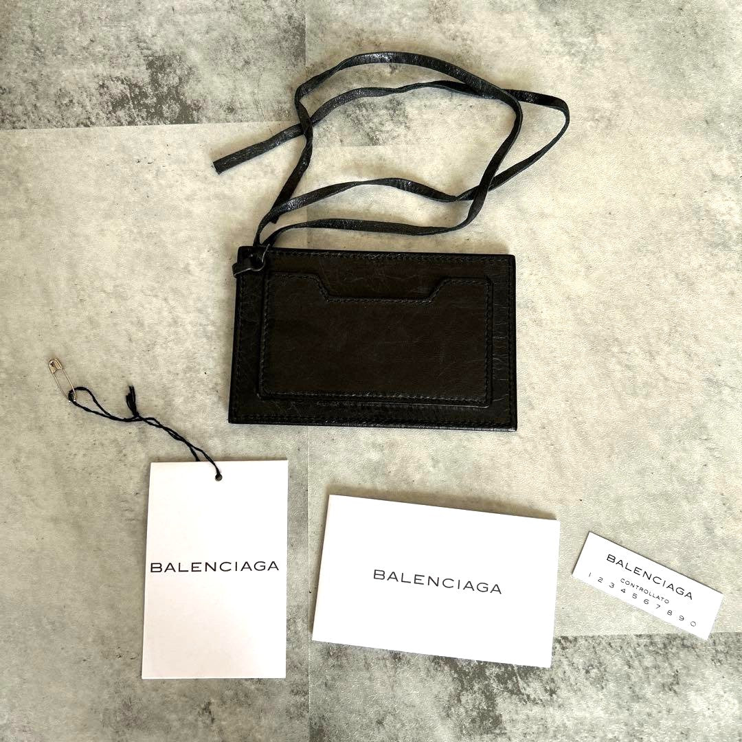 BALENCIAGA Black Leather Mirror Card Case ID Holder Neck Strap Lanyard Authentic