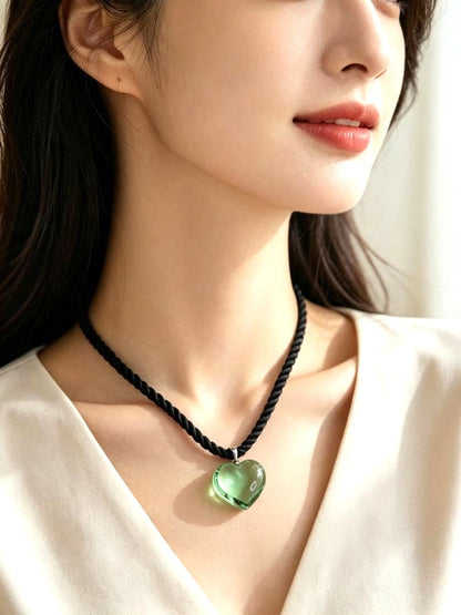 Baccarat Heart Pendant Necklace Green Crystal Glass Silver Bail Black Cord Box