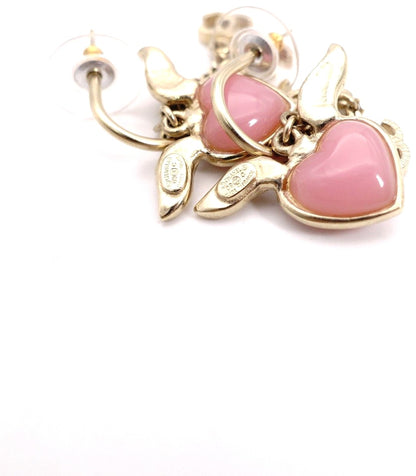 CHANEL CC Logo Heart Wing Hoop Earrings Gold Pink Resin Rhinestone Authentic