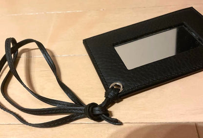 BALENCIAGA Leather Compact Hand Mirror Pocket Mirror Black Strap Logo Embossed
