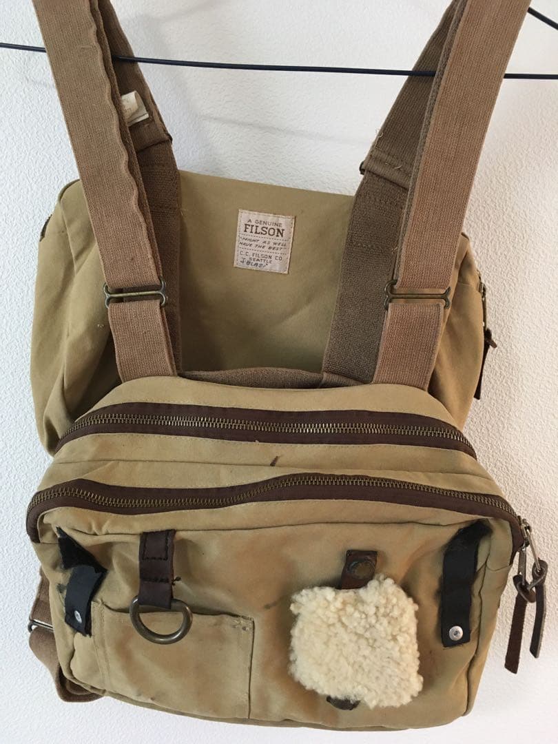 FILSON Tackle Chest Pack Tan Waxed Canvas Fishing Bag Vintage USA Sheepskin Rare
