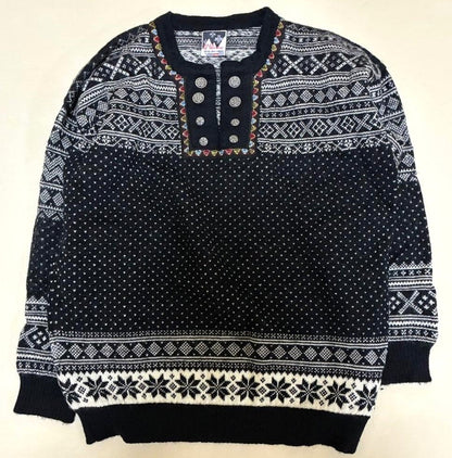 Dale of Norway Nordic Fair Isle Wool Sweater Metal Button Black White Men's L
