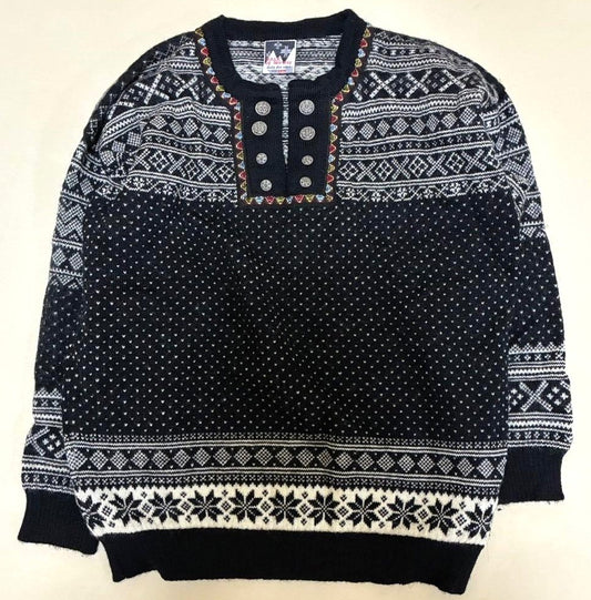 Dale of Norway Nordic Fair Isle Wool Sweater Metal Button Black White Men's L