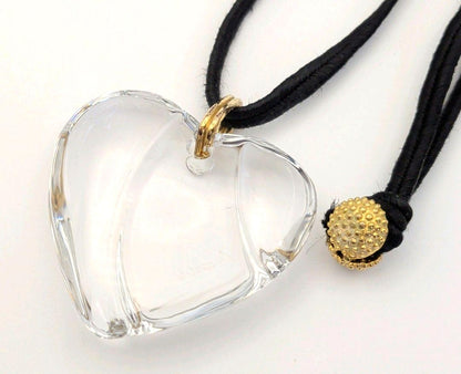 Baccarat Crystal Heart Pendant Necklace Clear Motif Gold Tone Black Cord Ladies