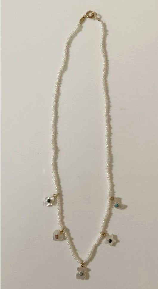 TOUS 18K Yellow Gold Mother of Pearl Charm Necklace Star Moon Bear 14.9in Unused